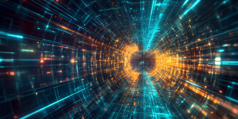 Obraz premium A surreal abstract background showcasing endless fractal patterns seamlessly blending into a futuristic cybernetic grid. The neon highlights and smooth transitions create a visually stunning sci-fi