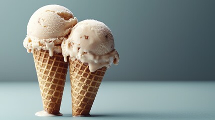 Delicious Vanilla Ice Cream Cones Dripping with Melted Creamy Topping
