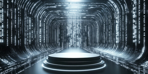 A sleek, modern 3D background featuring a podium placed at the center of a vast digital data tunnel. The walls are adorned with glowing binary code, creating an immersive, futuristic environment. The