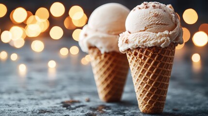 Delicious Ice Cream Cones with Creamy Scoops Against Bokeh Background