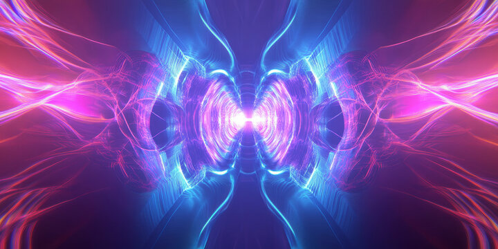 A surreal abstract background featuring floating holographic geometric patterns shifting within a seamless cybernetic vortex. The softly glowing neon edges and precise symmetry evoke a futuristic high