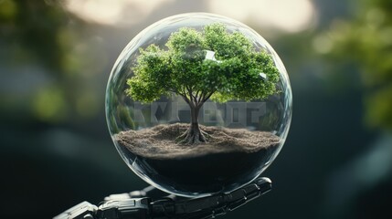 Tree reflected in a glass sphere surrounded by soft focus nature background