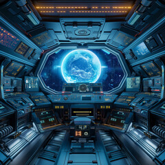 Fototapeta premium Futuristic Spaceship Interior with Earth View from Window
