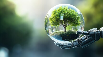 Robot holding a small tree inside a transparent glass sphere on a reflective surface