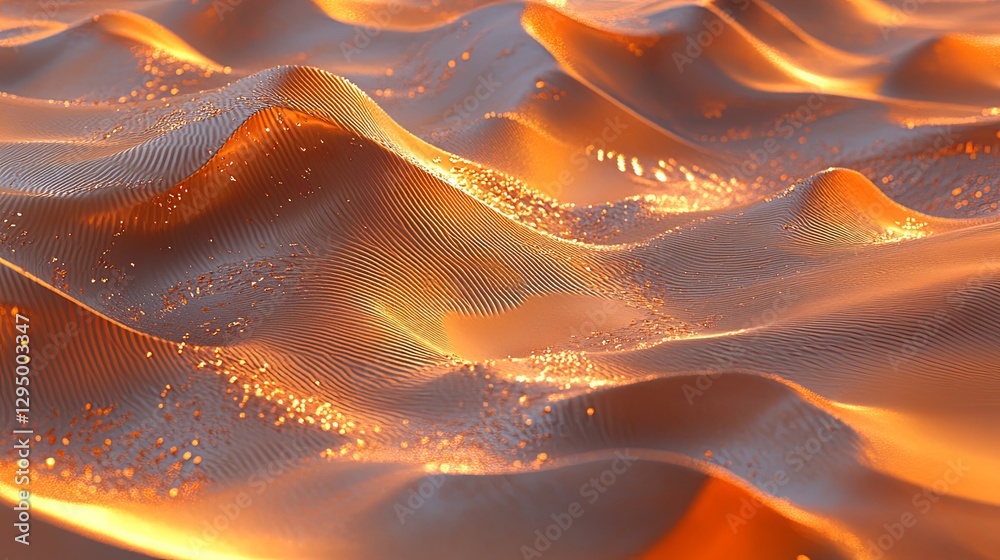 Poster waves of golden fabric gently undulate in warm light, creating a mesmerizing texture and depth of fi