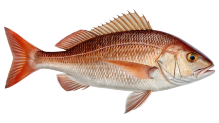 Fresh red drum, showcasing its streamlined body, metallic bronze and reddish hues, and distinctive black spot near the tail. Isolated on white background. Suitable for marketing or business purposes