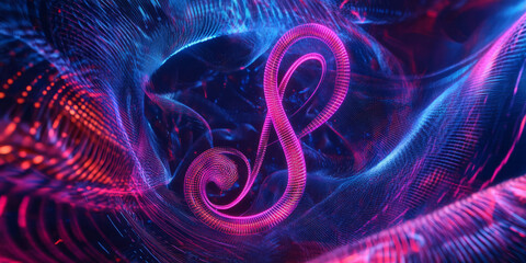 A mesmerizing 3D abstract background showcasing a spiraling neon treble clef, surrounded by dynamic, glowing sound waves. The high-tech energy pulses with rhythmic beats, forming an immersive