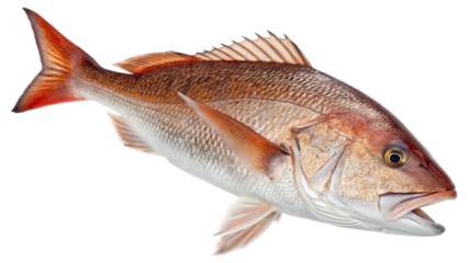 Fresh red drum, showcasing its streamlined body, metallic bronze and reddish hues, and distinctive black spot near the tail. Isolated on white background. Suitable for marketing or business purposes
