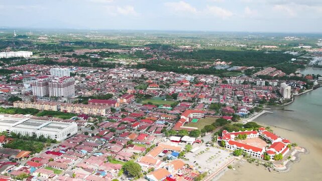 Stunning aerial view of Malacca city with historical landmarks and river
