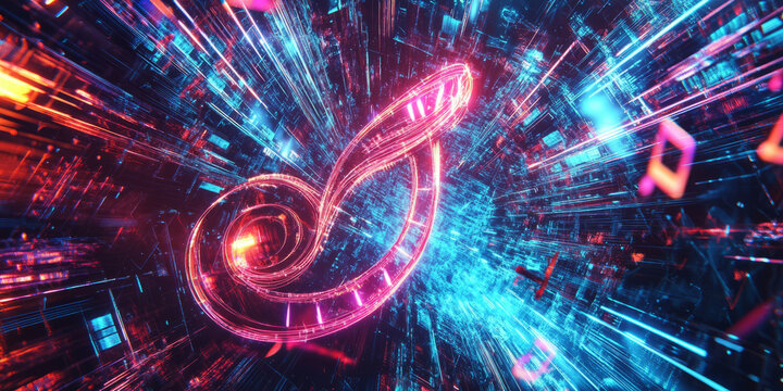 A surreal 3D background displaying a massive holographic treble clef, surrounded by dynamic neon sound waves. The abstract, immersive visualization captures the essence of digital music in a