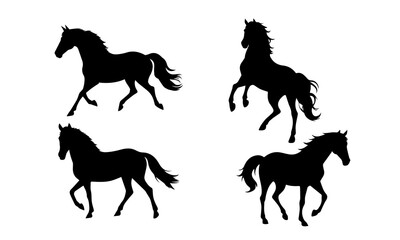 Silhouettes of horses on a white background, running at a trot, jumping, rearing. Vector illustration of black silhouettes of horses