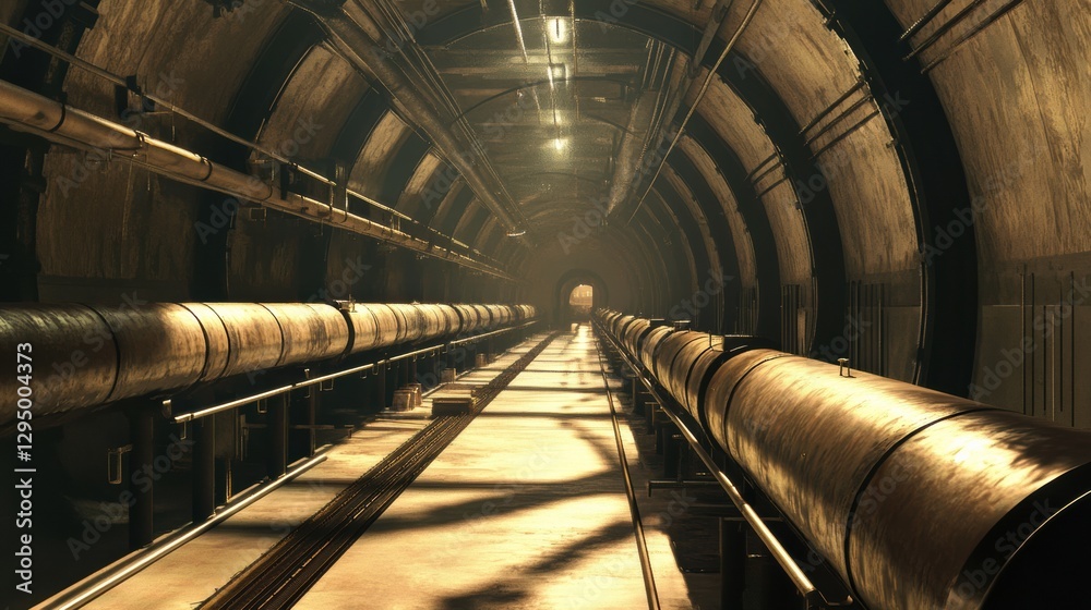 Poster long pipelines extend into the distance within a metallic industrial corridor showcasing modern gas 