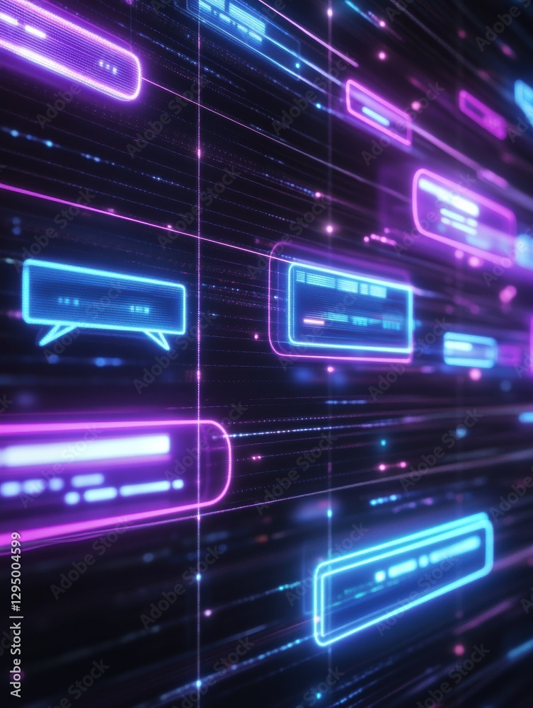 Leinwandbilder Floating message bubbles with glowing notifications in a social media chat interface during late night conversation hours. Generative AI