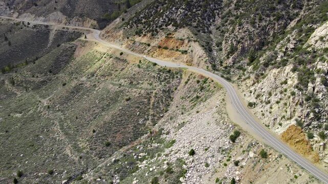 Aerial of a road through the mountains at Tioga Pass just outside of Yosemite inCalifornia.