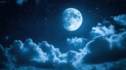 Full moon shining brightly in a night sky filled with clouds and stars.