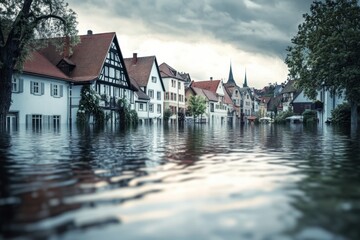 Fototapeta premium Urban landscape engulfed by floodwaters with rooftops visible and dramatic skies above. Generative AI