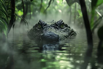 Fototapete A crocodile lurking in a swampy jungle river, only its piercing eyes snout visible above the water, mist rising, thick vines hanging over the surface, photo  © Nature_Stock