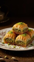 Delicious Pistachio Baklava on Vintage Plate
