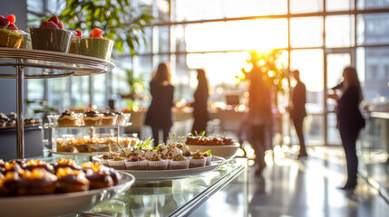 An indoor catering event with a buffet of desserts and appetizers. Blurred figures gather in the background near a bright window.