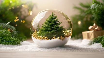 Christmas tree inside a glass ornament on a wooden surface with soft background lights