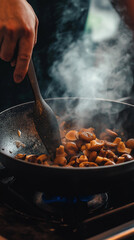 Man cooks skillet of small mushrooms vertical