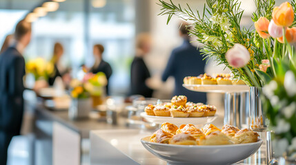 A spread of pastries and floral arrangements decorates a table at a reception or business event with people in the background.