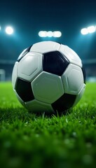 Naklejka premium Close-up soccer ball, intense floodlit game, artificial turf, tournament, background, night photography
