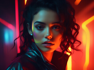 Fototapeta premium Close up portrait of beautiful young woman with neon lights in futuristic world. 
