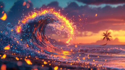Stunning Vibrant Wave Glowing with Fiery Colors During Sunset on Tropical Beach with Palm Tree Silhouette in Background