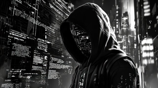 Anonymous hooded figure in futuristic city, code background.