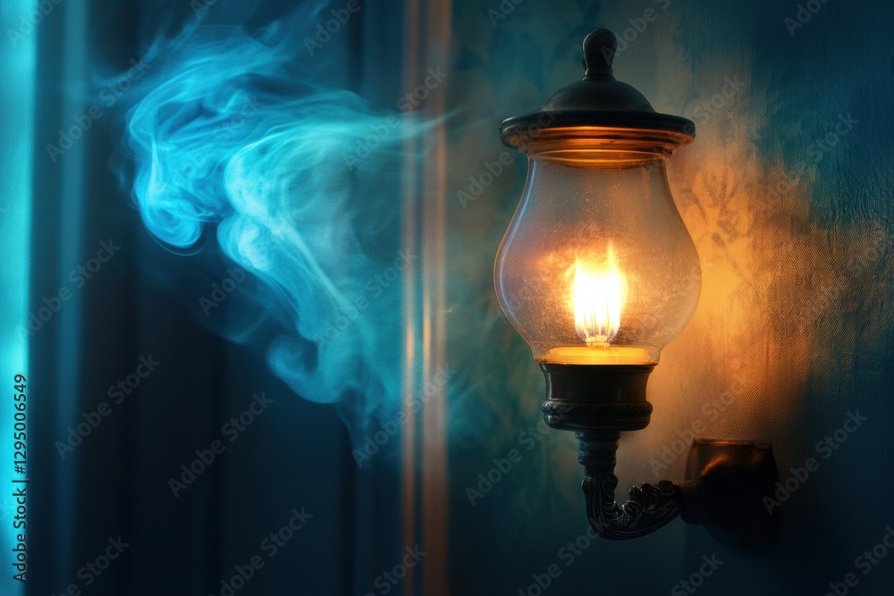 Aufkleber glowing gas lamp casting warm light against a darkened wall with blue smoke swirling around in a coz
