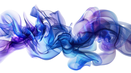 Blue and purple smoke creating abstract wavy shapes on transparent background
