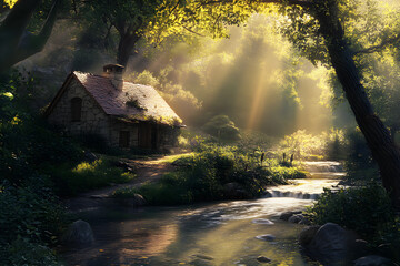 A Serene Sanctuary Nestled in Nature: The Perfect Refuge for Peace and Tranquility, Surrounded by Lush Foliage and a Gentle Stream