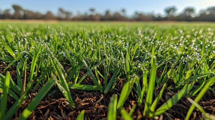 Obraz premium Morning Dew on Lush Green Grass Fields - Nature Close-Up Photography