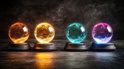 Three colored glass orbs placed on a reflective surface with soft lighting and shadows