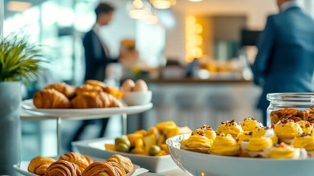 Assorted pastries, fruits, and snacks are elegantly displayed in a bright, modern office break room during a business gathering.