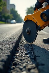 Asphalt pavement being cut with a saw for sidewalk construction , maintenance, cutting, saw