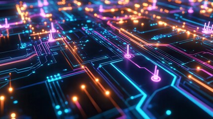 Obraz premium Colorful Abstract Digital Circuit Board with Glowing Connections