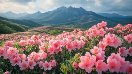Obraz premium Stunning Pink Azaleas in Vibrant Mountain Landscape During Spring