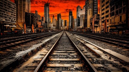 Apocalyptic Cityscape with Train Tracks Leading to a Red Sunset
