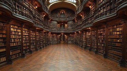 Fototapeta premium Stunning Vintage Library Interior with Wooden Bookshelves and Warm Lighting