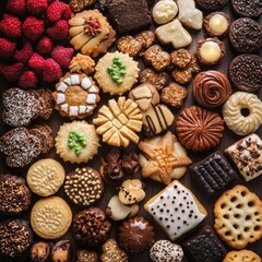 Fototapeta premium Mouthwatering Assortment of Artisanal Cookies Captured in a Detailed Top-Down Closeup with Vibrant Textures and Warm Lighting