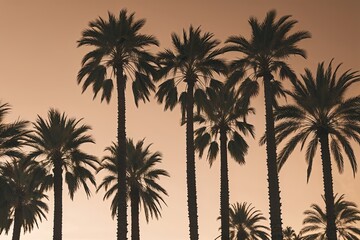 Obraz premium Sunset Date Palm Silhouettes in Soft Earth Tones for Tranquil Coastal Escape
