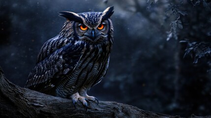 Great horned owl perched on branch at night, mystical forest background. Potential use Stock photo for nature, wildlife, fantasy, or Halloween themes