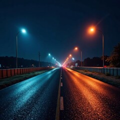 Bright construction lights illuminate nighttime roadwork, dark, machinery, maintenance