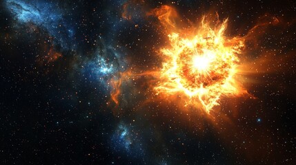 Explosive Stellar Explosion in Deep Space with Bright Orange Flames and Twinkling Stars Against Cosmic Background