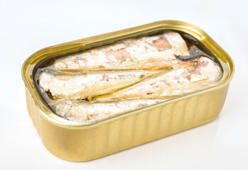 Sardines in oil are displayed in a golden can, highlighting seafood preservation methods
