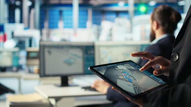 Solar panels plant employee uses CAD software on tablet to optimize layouts. Photovoltaics factory worker doing arrangements for maximum energy output using device, camera A close up