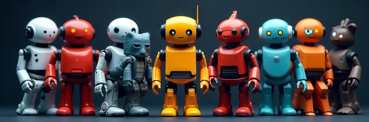 Diverse robotic figures gather, varied designs,  chrome,  industry