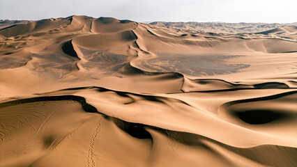 The Kumtag desert of Shanshan county in Xinjiang province, China. Huge dune shot from the drone